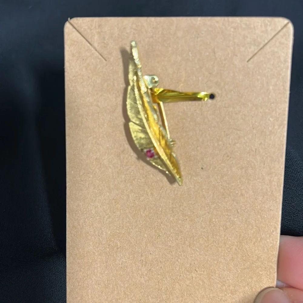 Gold finish Feather Brooch with Red Gemstone